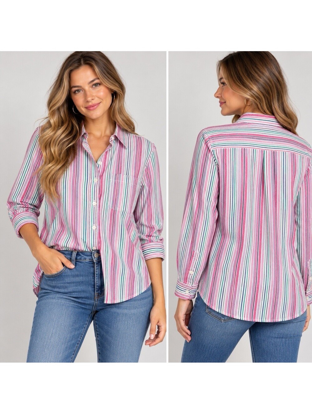 Blair Striped Button Up Shirt Women’s M 100% Cotton Pink Preppy Coastal Y2K